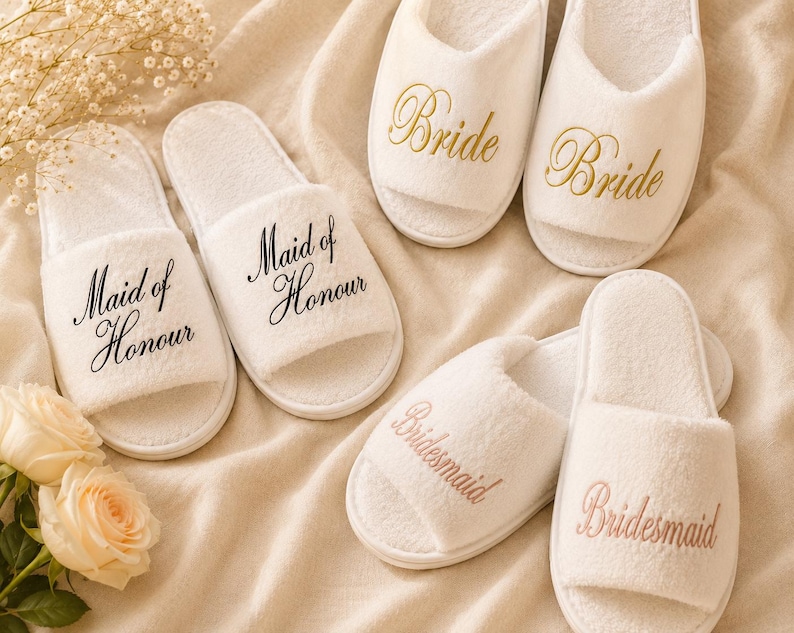 May include: White plush slippers with open toes, embroidered with "Bride", "Maid of Honour", and "Bridesmaid" in gold, black, and pink lettering. The slippers are arranged on a cream-coloured fabric, with floral accents.