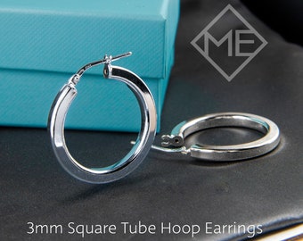 Silver Hoop Earrings, 925 Sterling, 3mm Thick, Square Tube Hoops, 16mm 18mm 21mm 26mm, Unique Stylish Chic, Modern Minimalist Lightweight