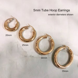10k or 14k Yellow Gold, 5mm Thick, 20mm to 30mm Exterior Diameter, Womens Hoop Earrings image 3