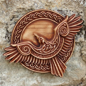 A raven  handmade wooden panel Norse viking mythology Odin