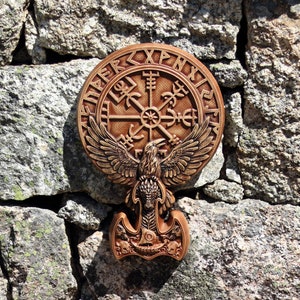 Martillo de Thor, Mjolnir, Martillo Mjolnir, Decoración vikinga, Arte vikingo, Martillo de Thor, Mitología nórdica, Cuervo celta, Talla de madera vikinga, Escudo vikingo