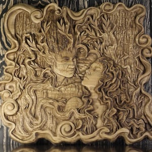 Hand Carved Ash Wood Spirit Wall Art: Woman and Man Relief Plaque