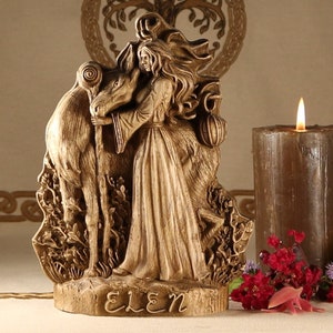 Elen of the Ways Wooden Statue - Celtic Horned Goddess Figurine
