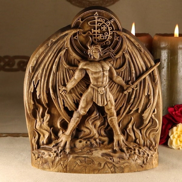 Asmodeus, Greek statue, Asmoday, Asmodeus statue Greek mythology Demon statue Wood carving Wiccan altar kit Occult decor Satanic Ashema deva