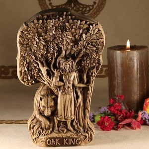 Oak King & Holly King Wood Carving: Norse Pagan Altar Statue