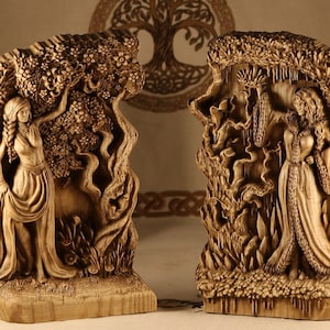 Maiden mother crone, goddess figurine,Wood carving Triple goddess statue altar Hecate statue Pagan altar