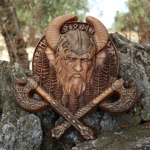 Odin Wood carving, Wooden viking shield, Odin statue wood Pagan goddes Viking decor Viking Wood carving wall art Berded axe