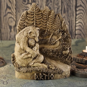 Artio Celtic Goddess Statue: Carved Wooden Bear Sculpture
