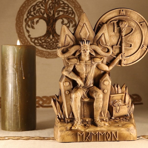 Horned god Demon Mammon Money spell Occult decor Occult art Witchcraft supply Wealth Wooden statue Woodcarving Church of satan Satanic