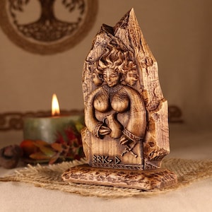 Celtic decor, Goddess Brigid statue,  Wood statue altar, Norse pagan gifts