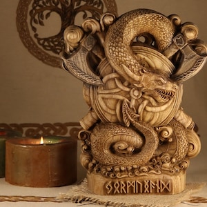 Handmade Jormungandr Dragon Statue: Norse Pagan Wood Carving