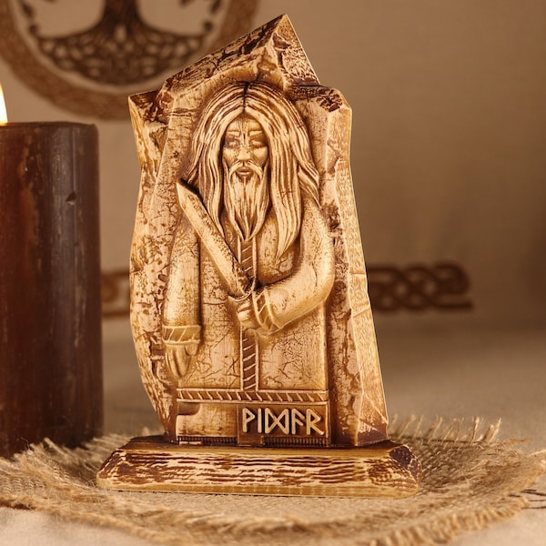 Vidar wooden statue, Norse pagan altar decor, Viking wood carving