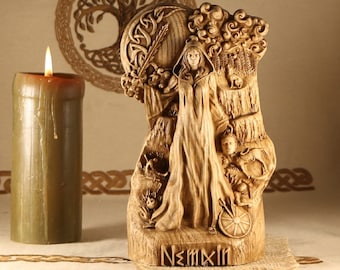 Nemain Statue: Ash Wood Celtic Goddess