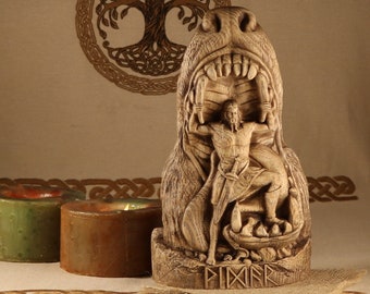 Vidar Viking Wood Carving: Norse God Altar Statue
