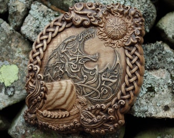 Viking Wolf Wood Carving: Norse Mythology Wall Art