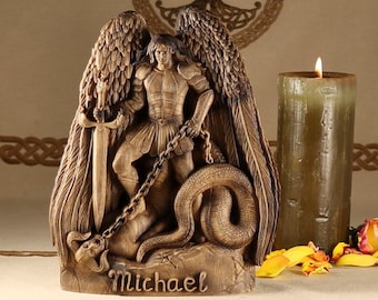 Carved Wood Archangel Michael Statue: Religious Gift