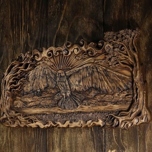 Carved Raven Wood Panel: Norse Viking Wall Decor