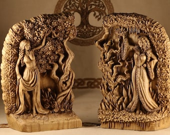 Triple Goddess Statue: Wood Carving Pagan Altar Figurine