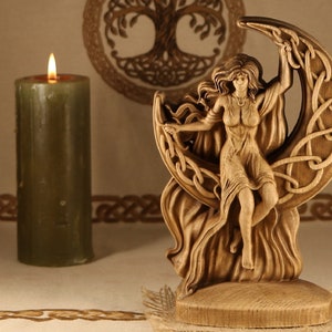 Triple Moon Goddess Statue: Hand Carved Wood Altar Decor