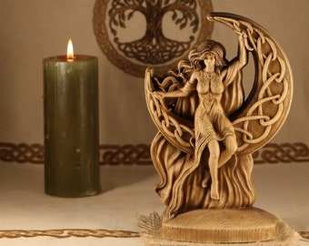 Witchcraft moon Triple Moon goddess statue, Wood carving, Wood statue Pagan Goddess  for Wicca altar, Celtic witchcraft