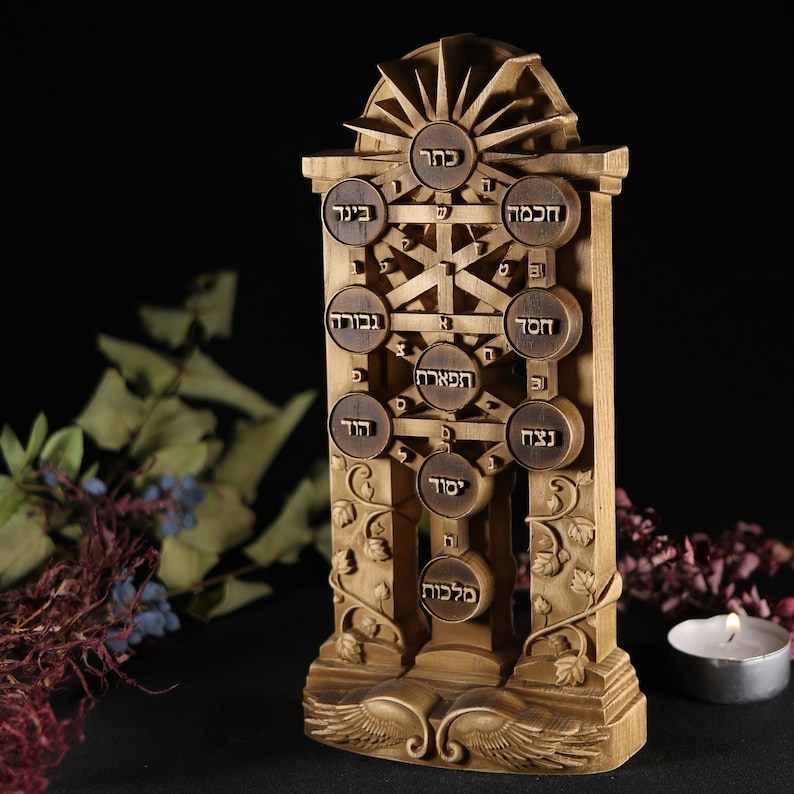 May include: A wooden carving of the Tree of Life, a Kabbalistic symbol, with Hebrew text on each of the ten sefirot. The carving is detailed with intricate carvings of leaves and vines.