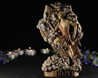 Estatua de Hermes tallada en madera, arte de la mitología griega, fresno ecológico