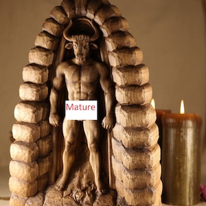 Handmade Wooden Minotaur Statue: Greek Myth Monster Sculpture