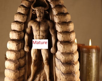 Wooden Minotaur Statue: Greek Myth Monster Sculpture