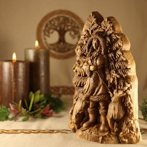 May include: A wooden carving of a woman standing in a forest, surrounded by trees and animals. The carving is detailed and intricate, with the woman's clothing and the trees' branches clearly visible. The carving is a beautiful example of traditional woodcarving.