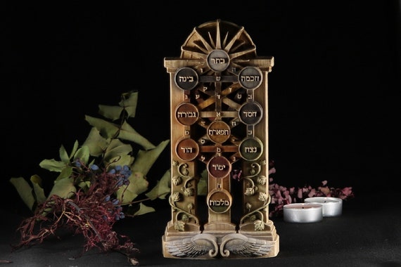 Tree of Life Sephirot Statue: Kabbalah Sacred Geometry Wood Carving