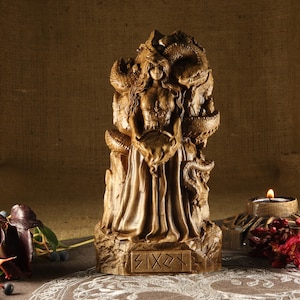 Sigyn Pagan goddess statue altar, Wood carving Wood sculptura