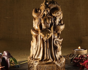 Sigyn Pagan goddess statue altar, Wood carving Wood sculptura