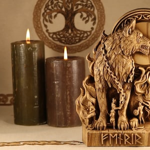 Fenrir Wolf Wood Carving: Norse Pagan Decor, Loki&#39;s Son Figurine