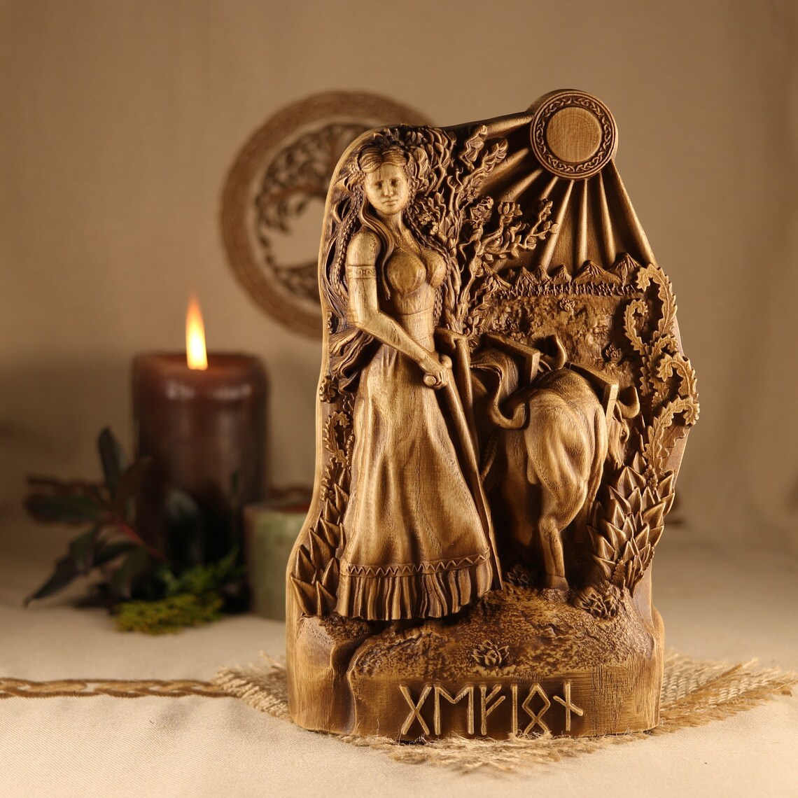 Gefjon goddess statue altar Norse pagan Wood carving Etsy