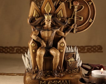 Woodcarved Mammon Statue: Horned God Altar, Occult Decor