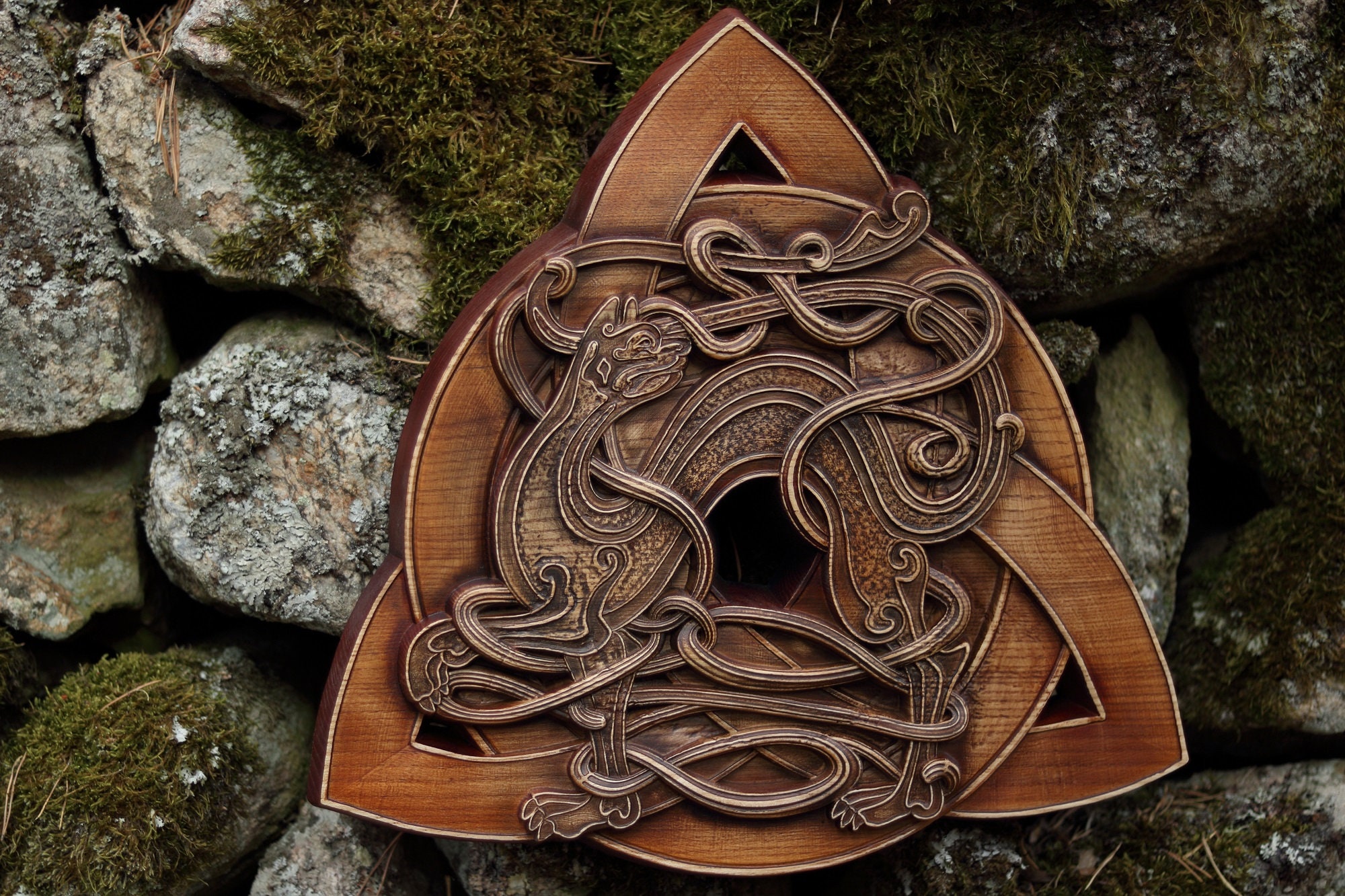 Celtic сat Celtic knot wood carving Trinity wall hanging Etsy