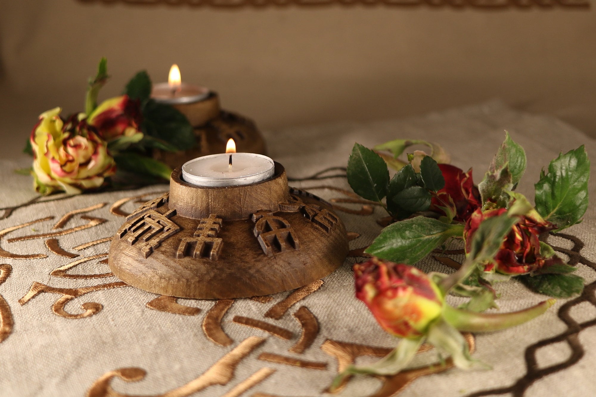Wooden Viking Candle Holder: Norse Altar Decor with Runes