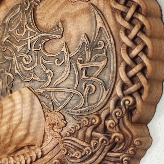 Viking Decor Viking Shield Small Wood Carving Wall Art Wolf
