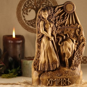 Gefjon goddess statue altar, Norse pagan , Wood carving Gefjun, Home decor