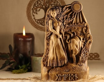 Gefjon goddess statue altar, Norse pagan , Wood carving Gefjun, Home decor