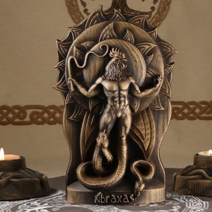 Abraxas, Goetia, Estatua de madera, Goético, Satánico, Escultura de madera Abraxas, Estatua del demonio Arconte Gnóstico Santana Arte del demonio Talla de madera