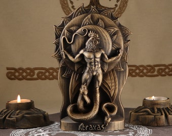 Statue en bois d'Abraxas, art démoniaque goetic, sculpture sur bois satanique Goetia