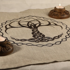 Yggdrasil Altar Cloth: Embroidered Tree of Life Linen Decor