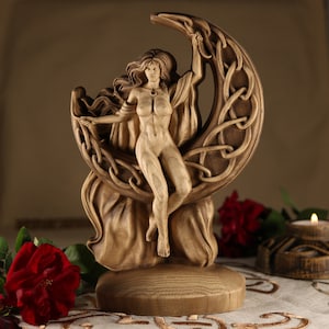 Moon goddess Aradia Triple Moon goddess statue Celtic witchcraft Selene moon goddess Celtic goddess for Wicca Wood carving Wood statue Pagan image 4