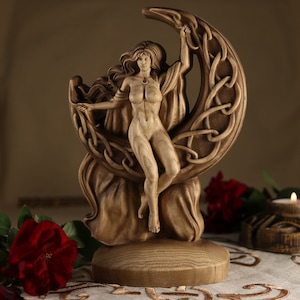 Moon goddess Aradia Triple Moon goddess statue Celtic witchcraft Selene moon goddess Celtic goddess for Wicca Wood carving Wood statue Pagan image 7