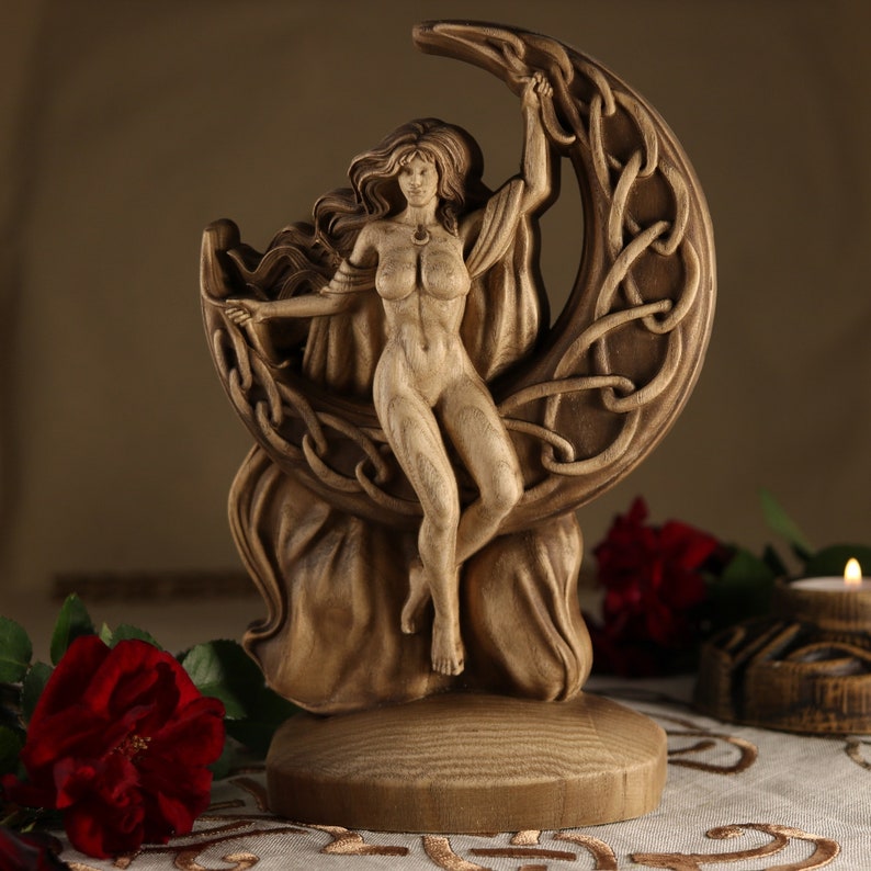 Moon goddess Aradia Triple Moon goddess statue Celtic witchcraft Selene moon goddess Celtic goddess for Wicca Wood carving Wood statue Pagan image 7