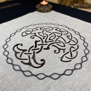Embroidered Linen Altar Cloth: Celtic Tree of Life, Yggdrasil Decor