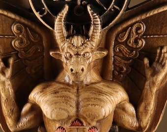 モロク像、オカルト悪魔祭壇装飾木彫り彫刻サタンルシファー印章