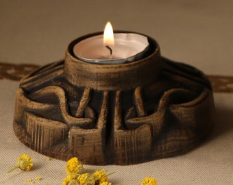 Viking Candle Holder: Carved Ash Wood Celtic Decor