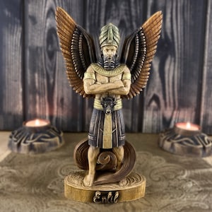 Carved Wood Enlil Statue: Sumerian God Figurine, Mesopotamian Mythology